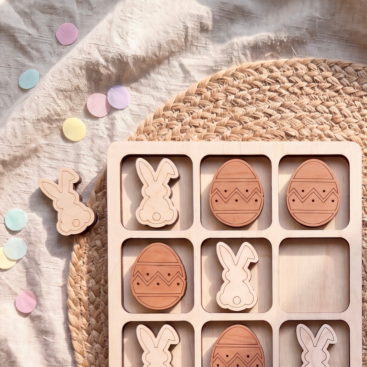 A wooden tic-tac-toe game with Easter-themed tiles, featuring wooden Easter eggs and bunnies.