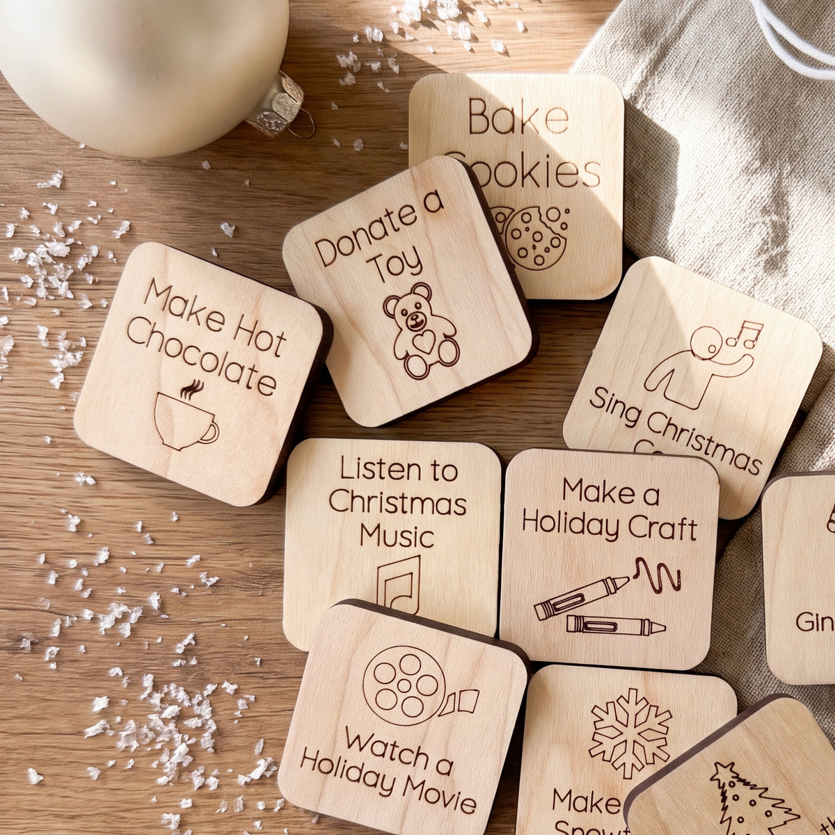 a collection of wooden coasters with various holiday-themed activities and items written on them, placed on a wooden surface with scattered white snowflakes.