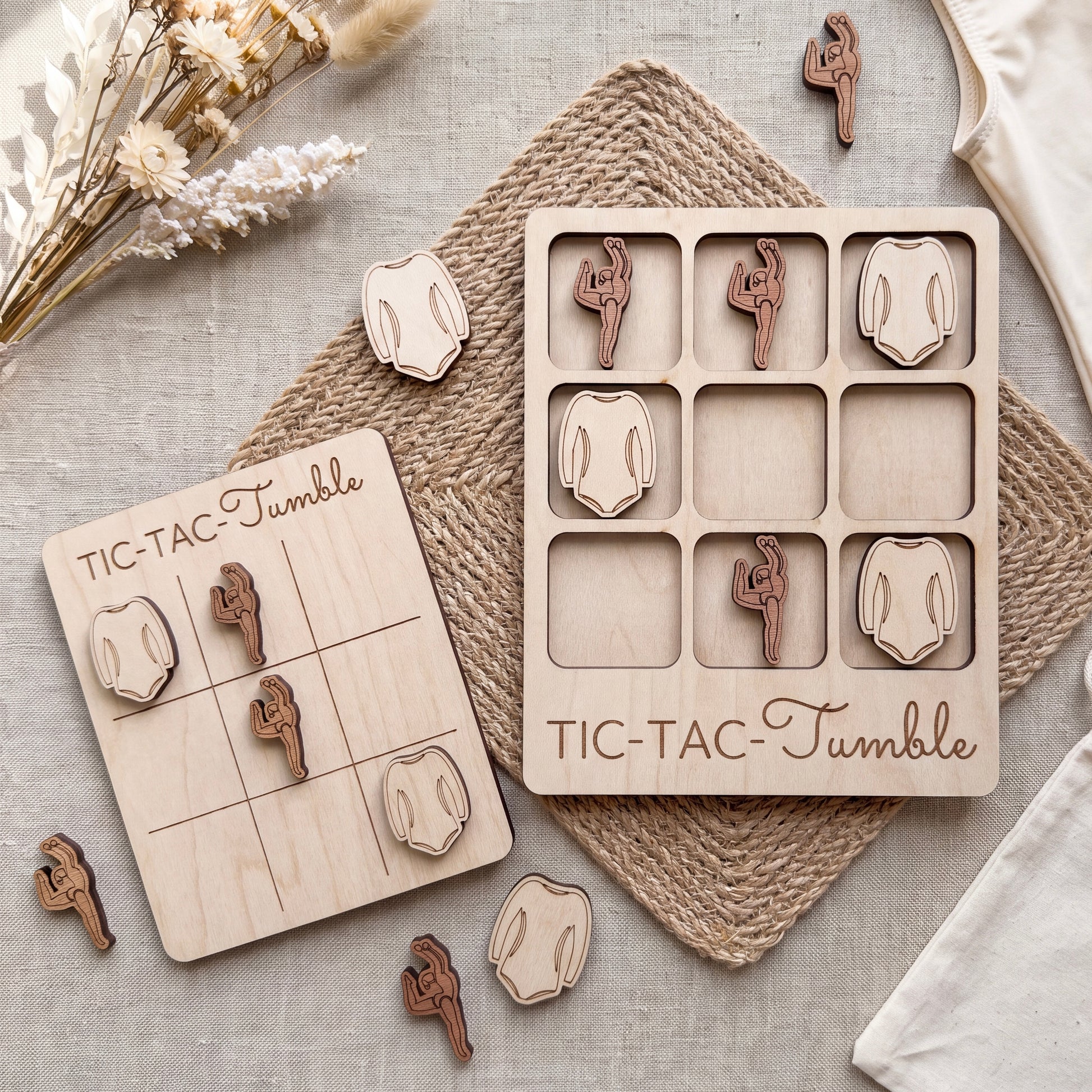 a wooden tic-tac game with wooden pieces and a wooden board, along with some additional wooden pieces and a woven mat.