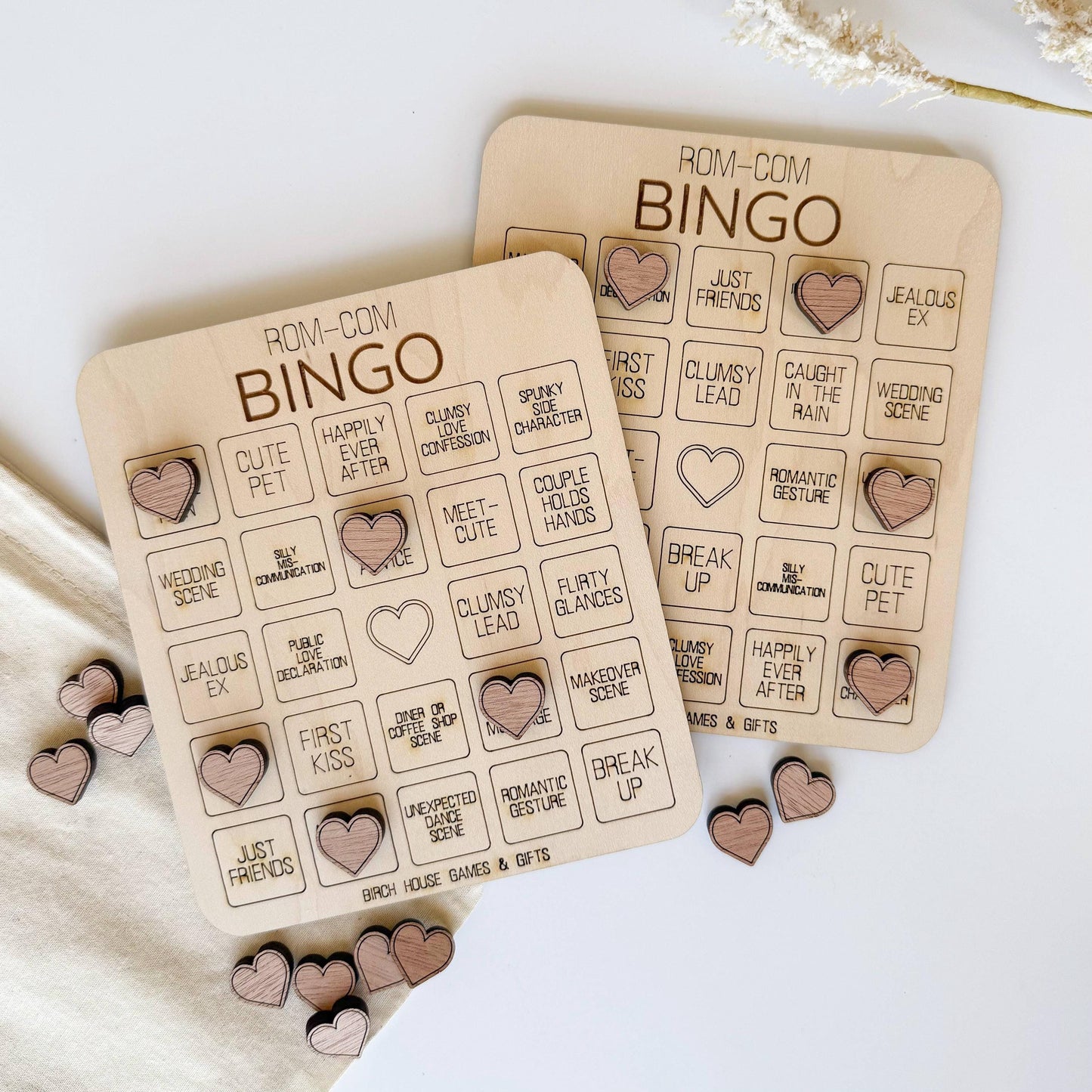 RomCom Bingo Game: Wooden Movie Night Fun with Classic Moments