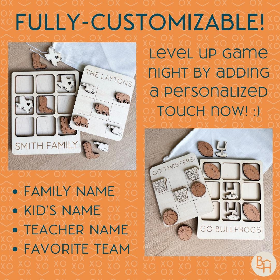 The image is a promotional advertisement for a customizable teddy bear and a game called "Go Bullfrogs!" featuring a family name, kid's name, teacher name, and favorite team.