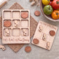 a wooden tic-tac game board and a wooden tic-tac card with wooden pieces, both labeled "TIC-TAC-New Jersey". The game board is placed on a woven placemat, and there is a bowl of tomatoes and some other fruits and vegetables in the background.