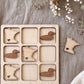 A wooden puzzle with nine pieces, each depicting a different state in Minnesota, including a Minnesota duck. The puzzle pieces are arranged in a 3x3 grid on a beige background.