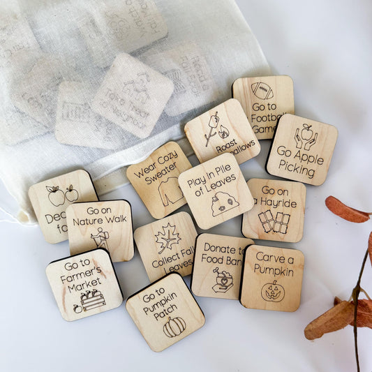 a bunch of wooden magnets with words on them