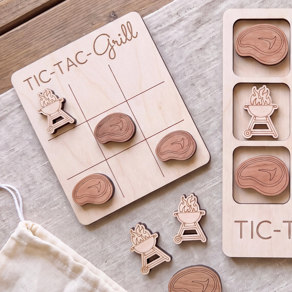 a wooden tic-tac game board with a "TIC-TAC-GRILL" theme, along with several wooden tic-tac pieces shaped like grilled meat.