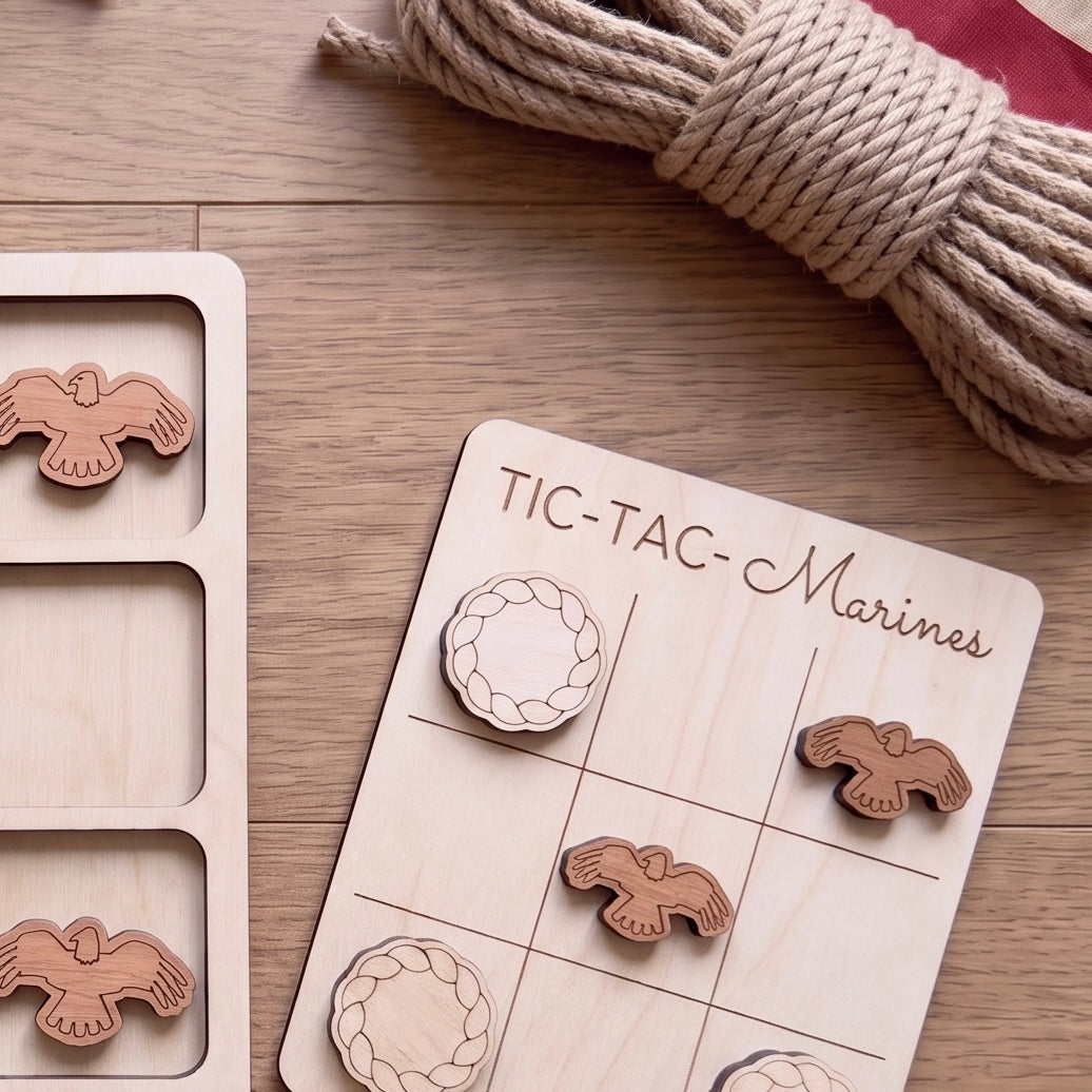 a wooden tic-tac game board with wooden pieces shaped like birds, and a coiled rope is also present on the wooden surface.