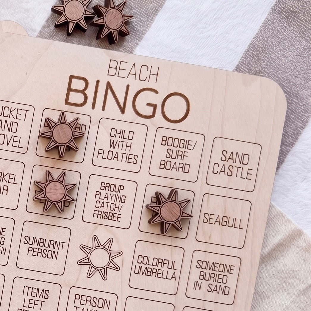 A wooden bingo board with various game elements and instructions, including a sun-shaped bingo piece and some wooden star-shaped pieces.