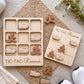 a wooden tic-tac runner game with various pieces in the shape of runners and a wooden board labeled "TIC-TAC-Runner".