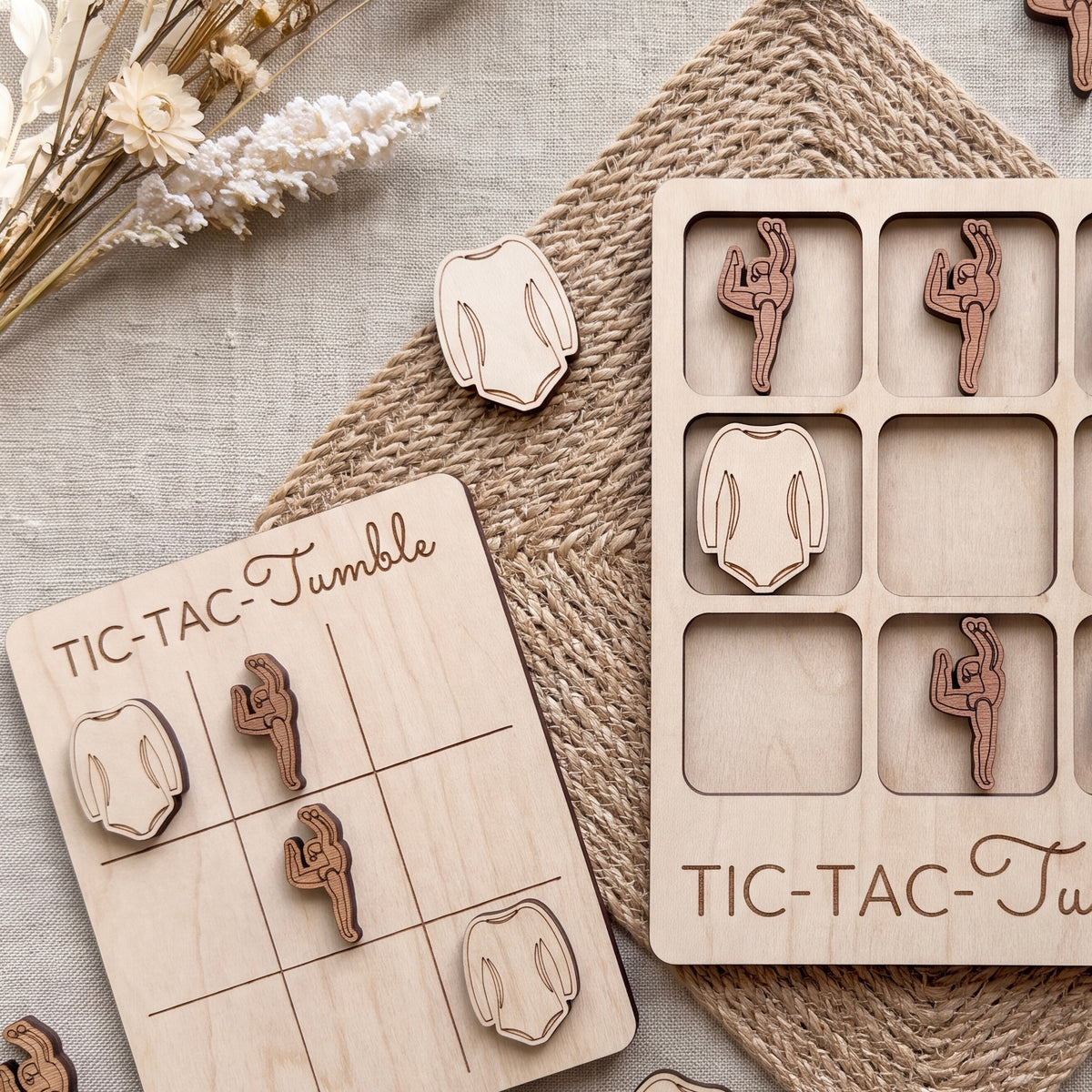 a wooden tic-tac game with a light wood texture and a woven placemat. The game has a grid with wooden pieces and a wooden board with wooden pieces. There are also some wooden pieces on a woven placemat.