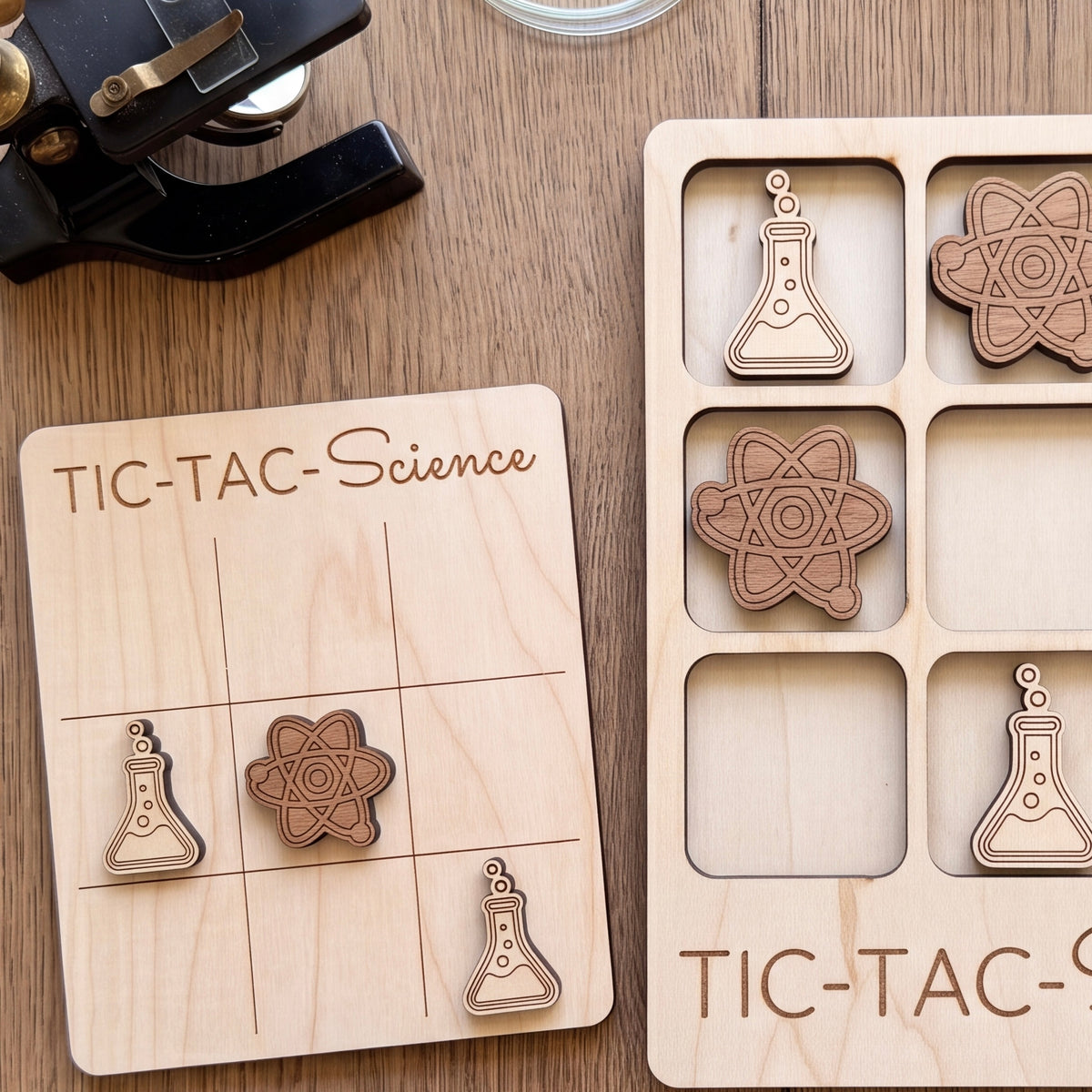 a wooden tic-tac game board with a science theme, along with several wooden tic-tac tokens shaped like laboratory equipment.
