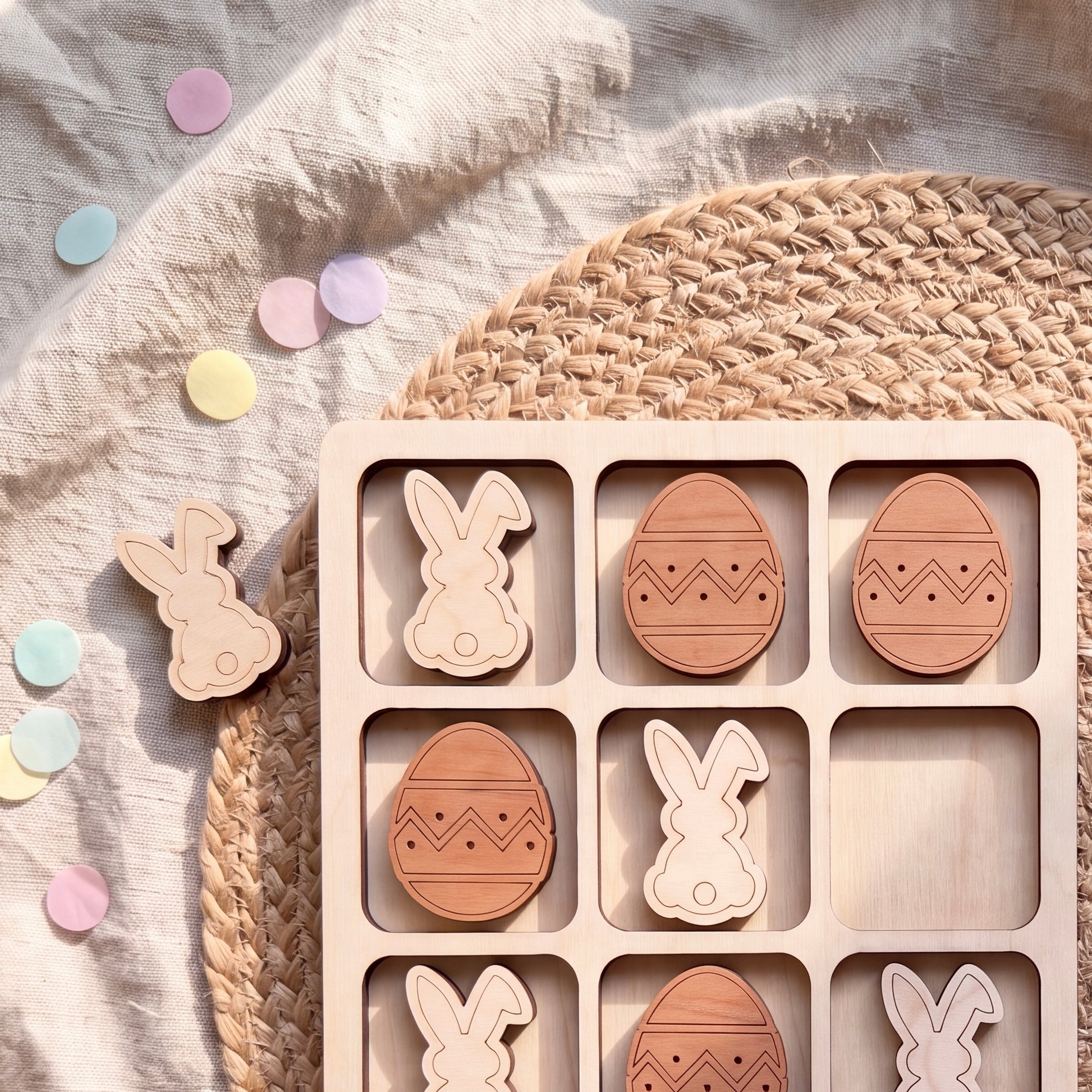 A wooden tic-tac-toe game with Easter-themed tiles, featuring wooden Easter eggs and bunnies.